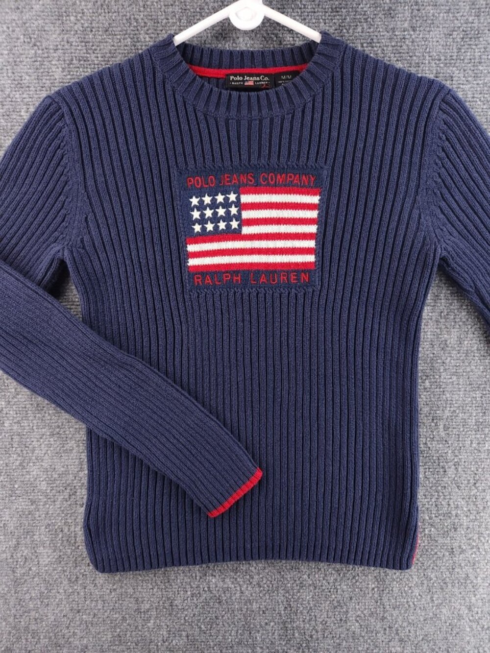 Ralph Lauren Polo Jeans Red White Blue Flag Sweater USA Women Medium Cotton Knit